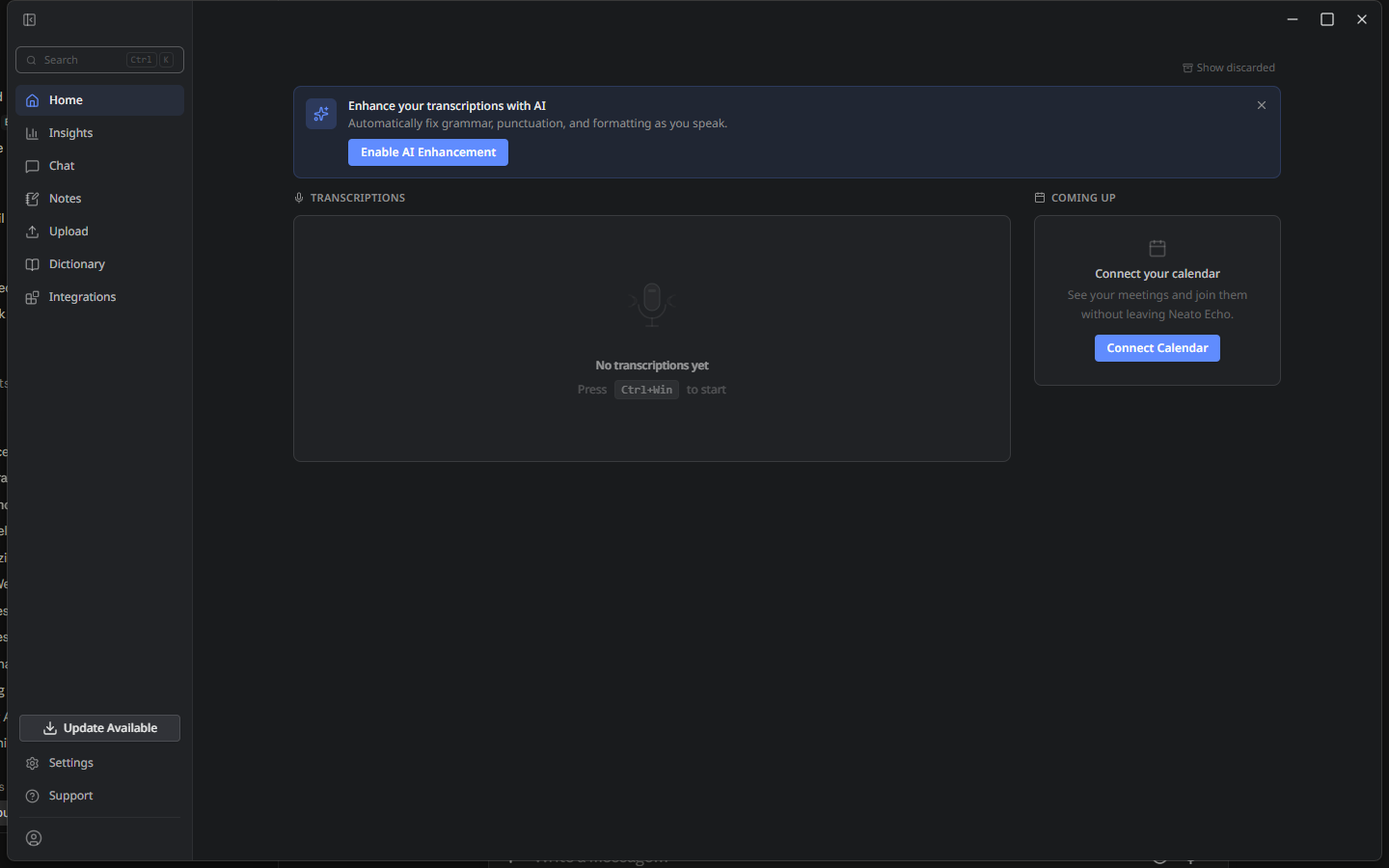 Neato Echo's main window showing today's dictations and notes